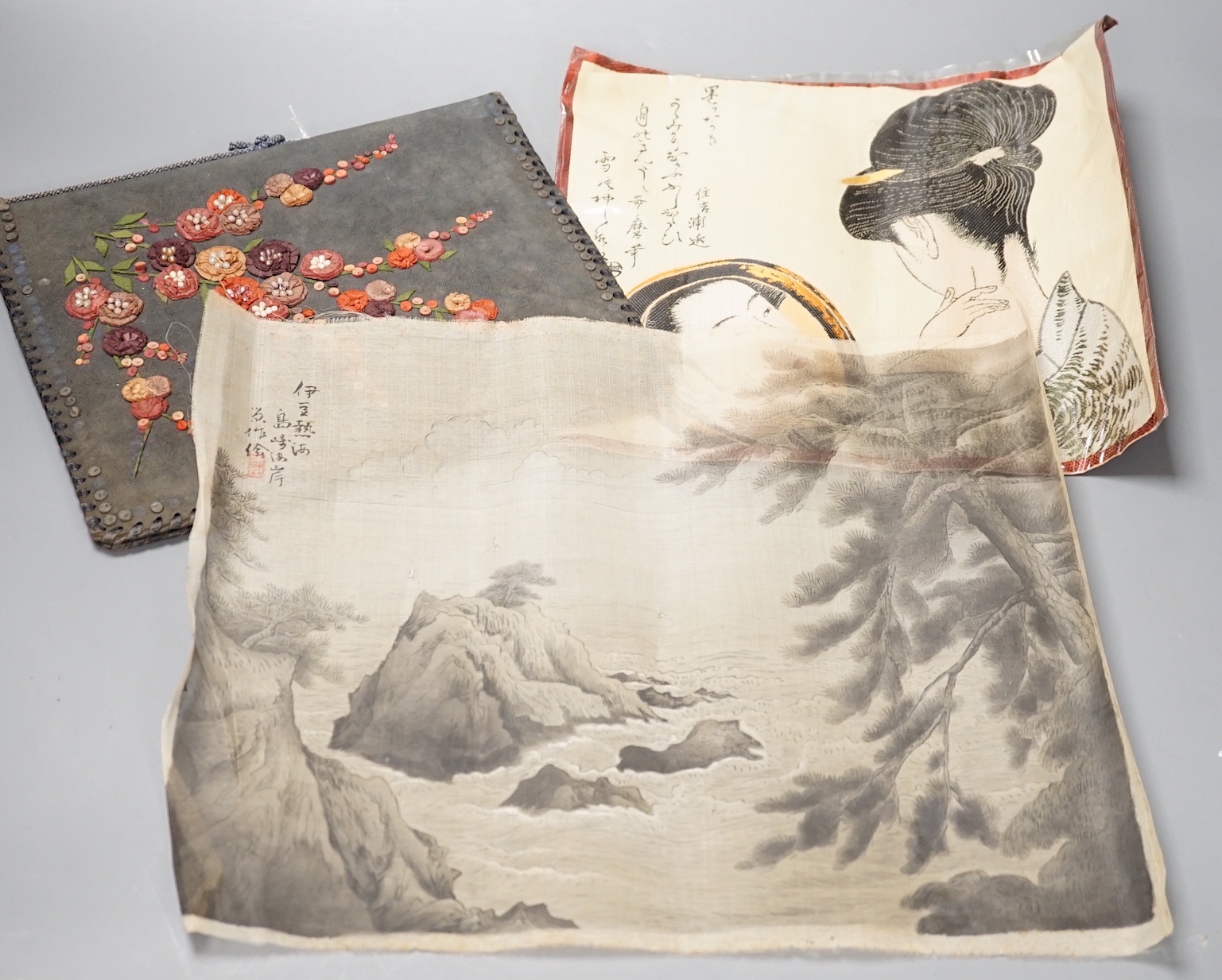 Two Japanese watercolours, a Kotozuka Eiichi woodblock print, a Japanese brocade panel and a book cover